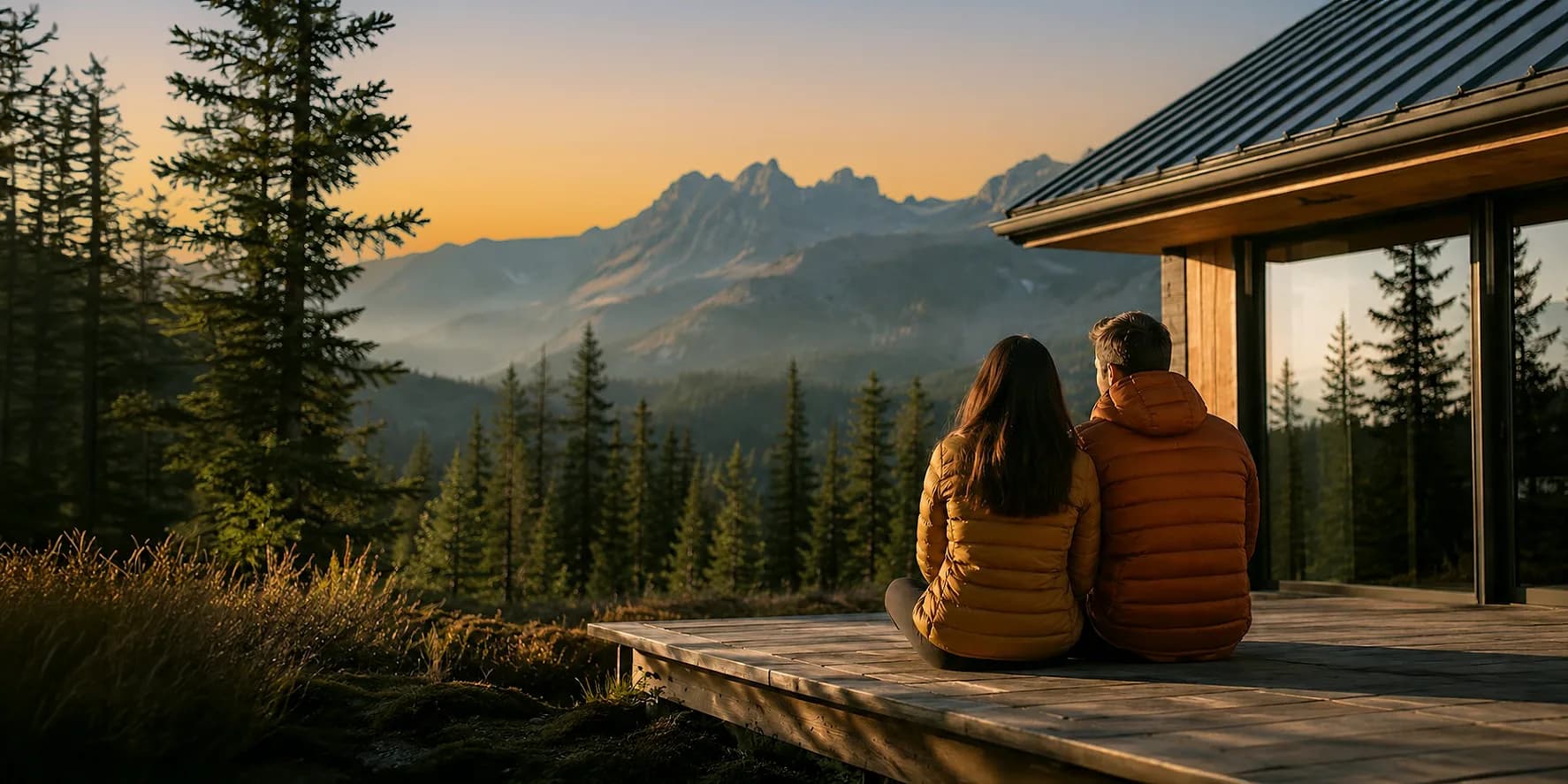Pareja sentada en el deck de una cabaña de montaña mirando el atardecer sobre el bosque