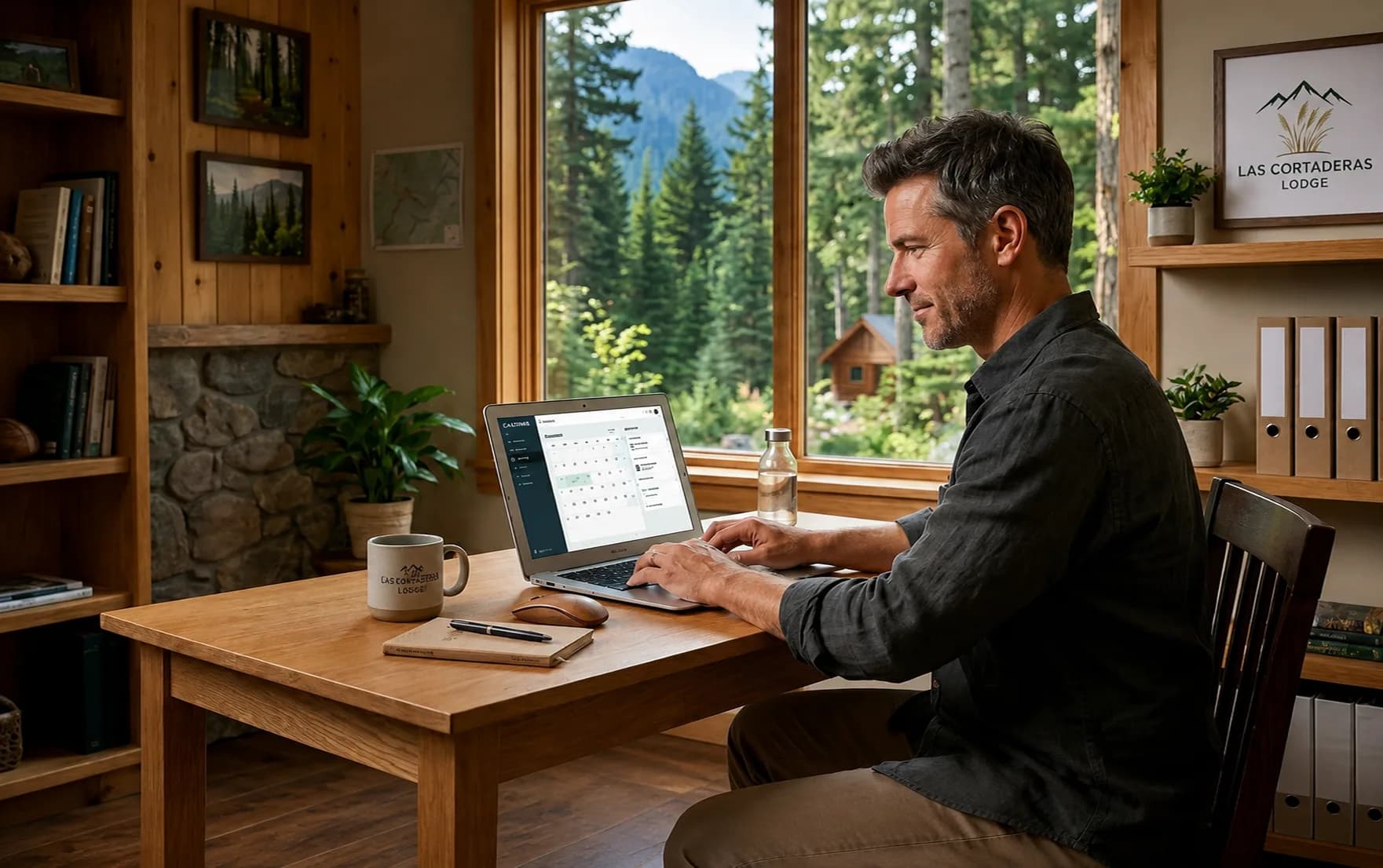 Dueño de un complejo trabajando con Akomody en su laptop, en una oficina de cabaña con ventana al bosque